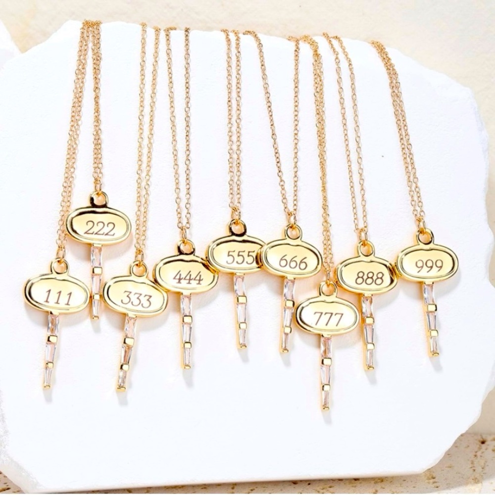 Angel Number Crystal Embellished 10k Gold Key Pendant & duo layered Necklace